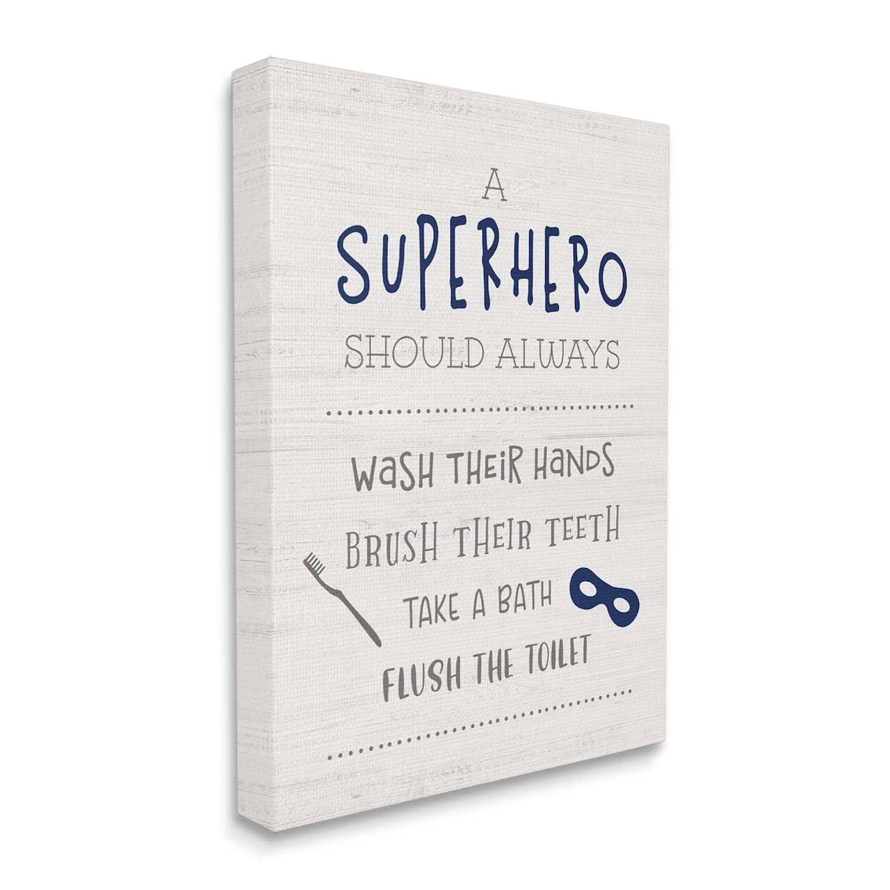 Stupell Industries Superhero Bathroom Rules Good Hygiene Phrases Blue Mask Canvas Wall Art